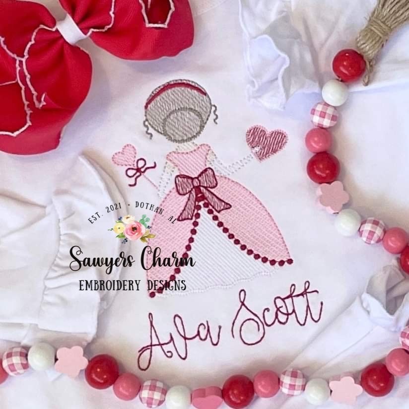 Valentine princess sketch stitch machine embroidery design file, quick stitch, heart, bow, hugs and kisses, magic wand, love