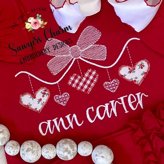 Valentine's Day bow with hearts machine applique embroidery design file, quick stitch, bean stitch, vintage stitch, sketch