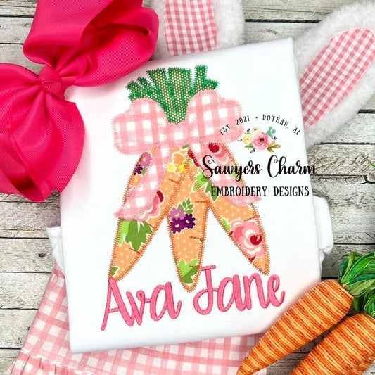 BUNDLE Carrots bunch with bow bean stitch & zigzag applique machine embroidery design file, quick stitch, spring, Easter, garden veggies