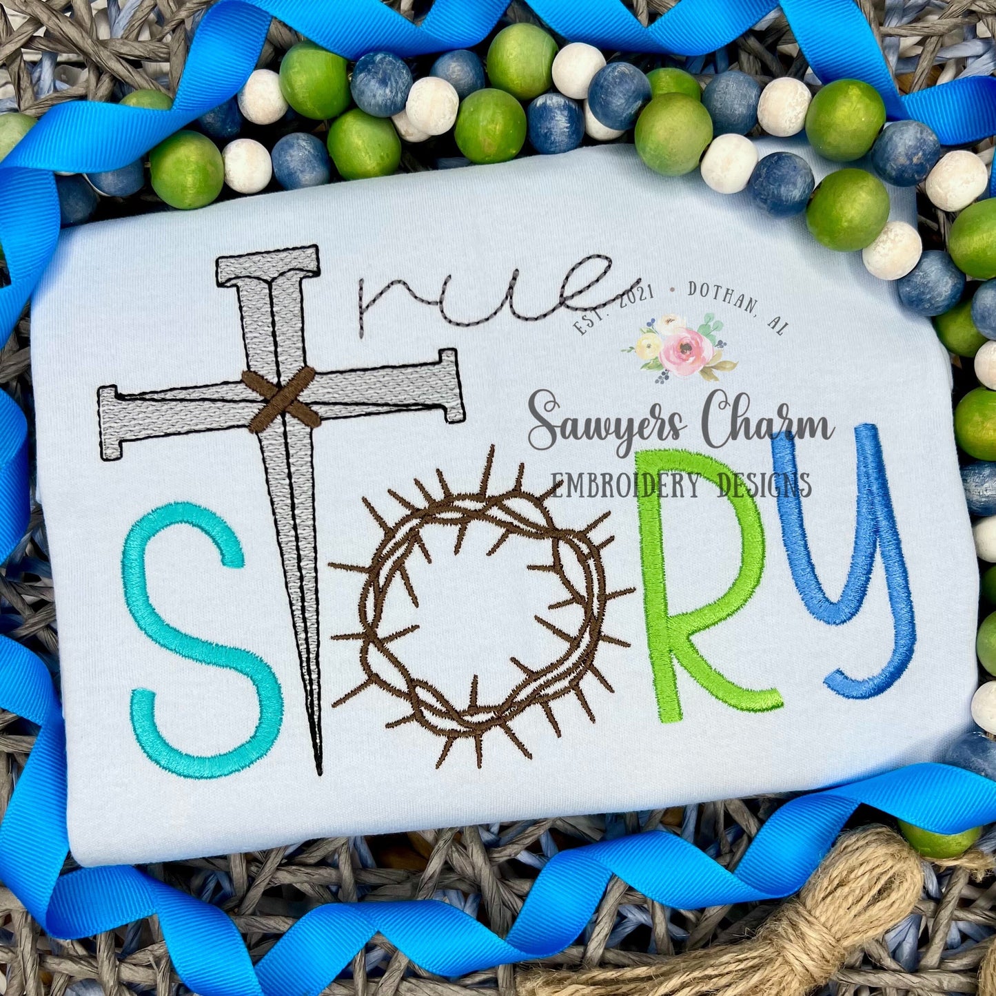 TRUE STORY Crown of thorns, cross & nails sketch stitch machine embroidery design file, satin stitch letters, Easter resurrection, Jesus