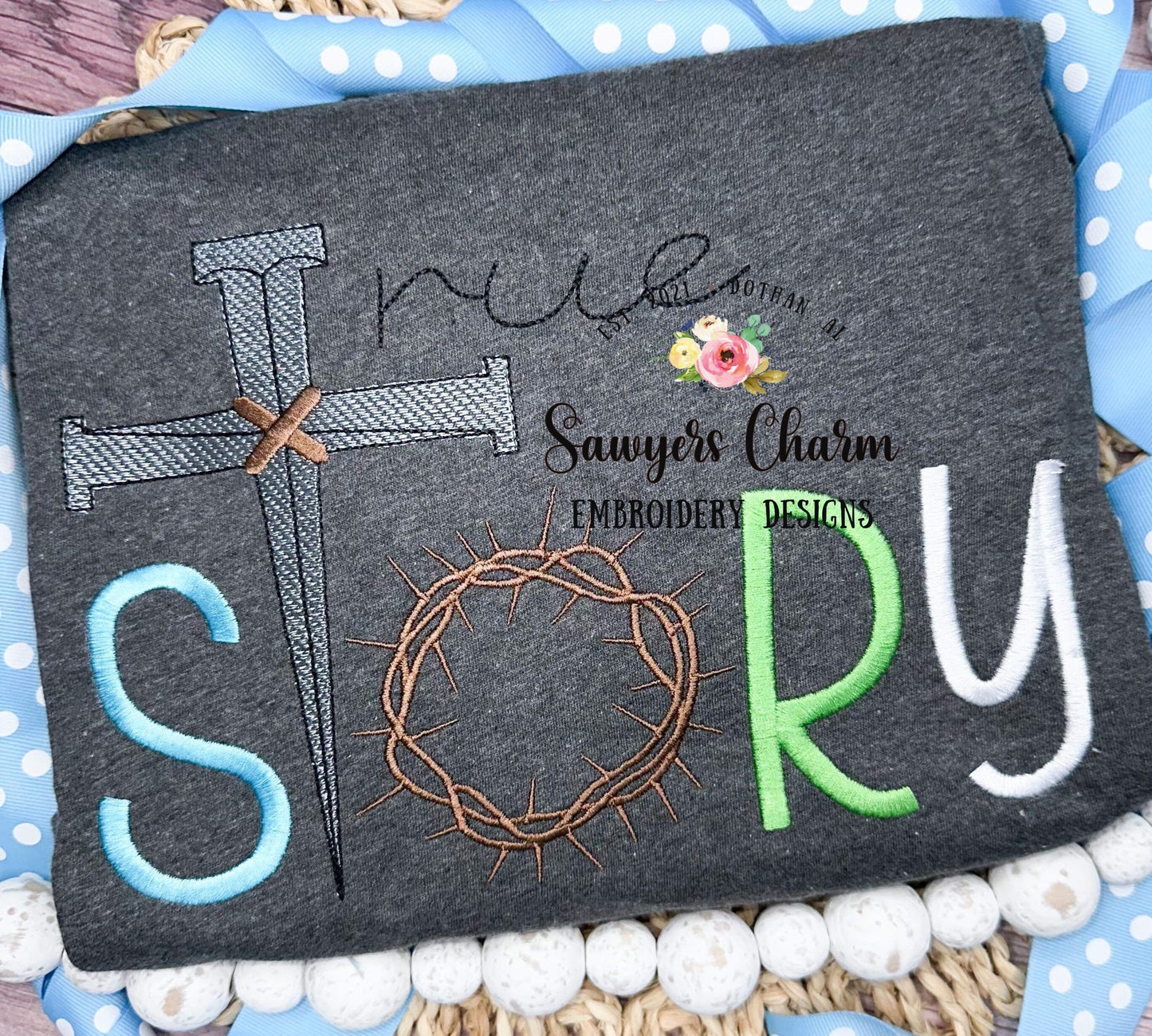 TRUE STORY Crown of thorns, cross & nails sketch stitch machine embroidery design file, satin stitch letters, Easter resurrection, Jesus
