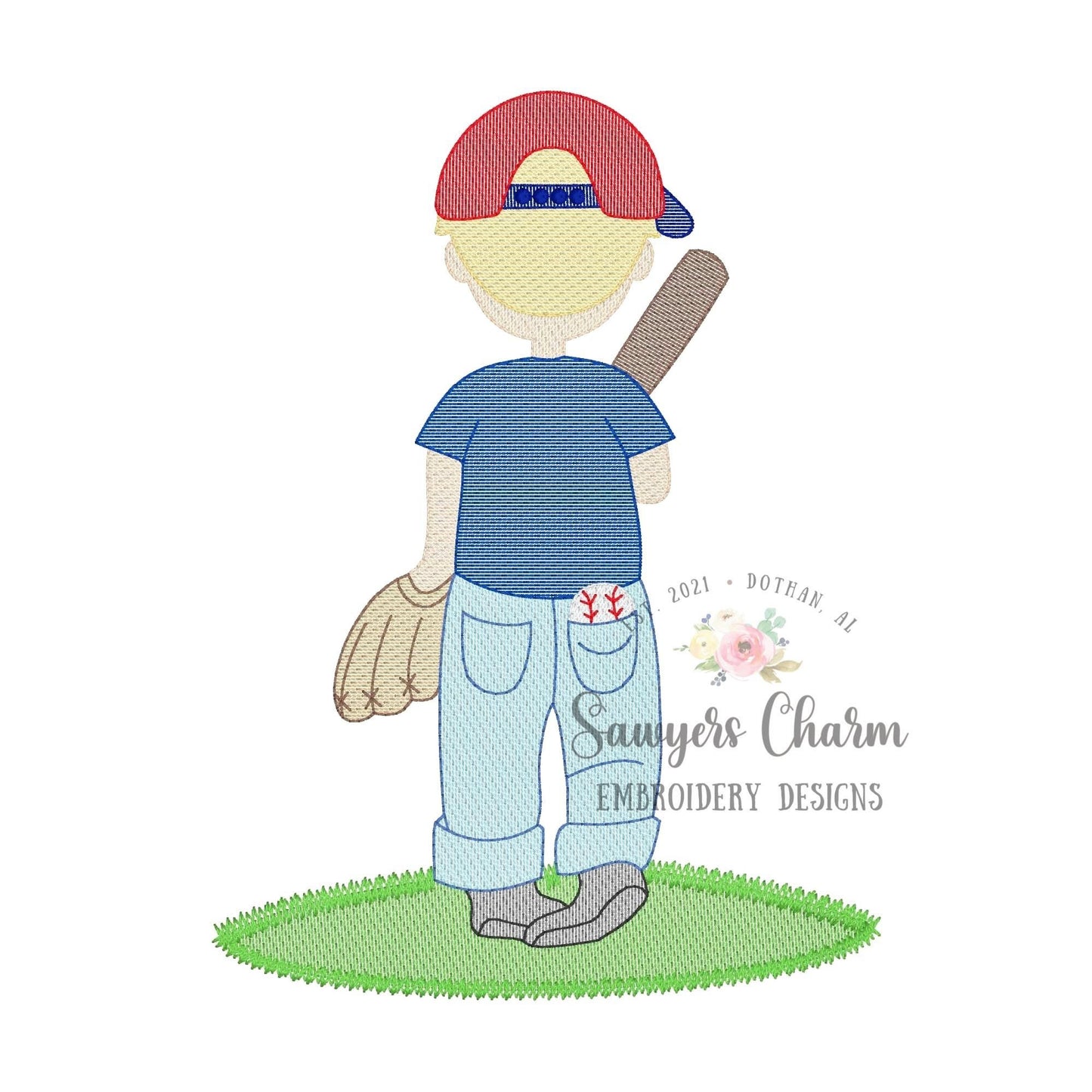 Little boy with baseball, bat, glove, hat sketch stitch machine embroidery design file, quick stitch, spring summer, outdoors field, player