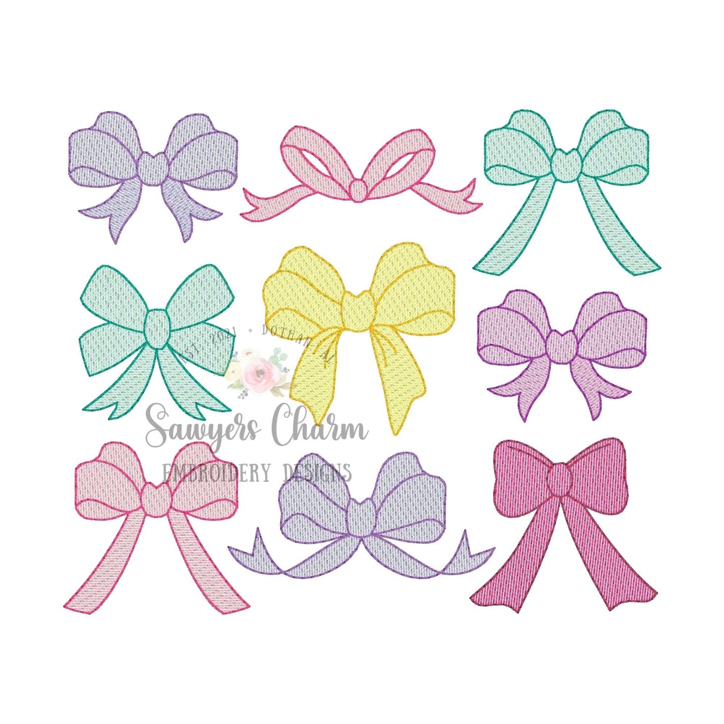 Grid of 9 bows sketch stitch with bean stitch details, machine embroidery design file, quick stitch, vintage retro, coquette, girl ribbons