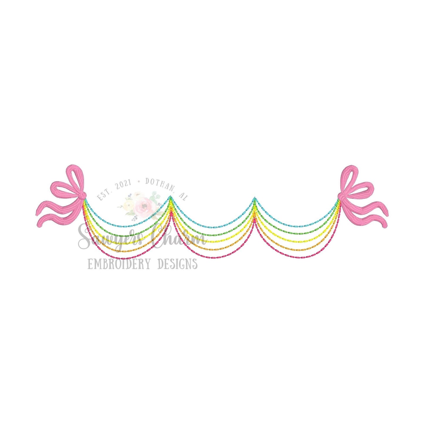 Rainbow bean stitch bunting banner with satin stitch bows machine embroidery design file, quick stitch, girly, majestic, spring, summer