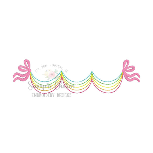 Rainbow bean stitch bunting banner with satin stitch bows machine embroidery design file, quick stitch, girly, majestic, spring, summer