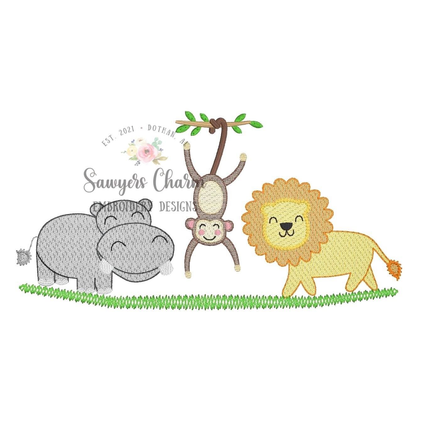 BUNDLE Zoo/jungle/safari animals with & without bows sketch stitch trio, machine embroidery design file, hippo, monkey on vine, lion
