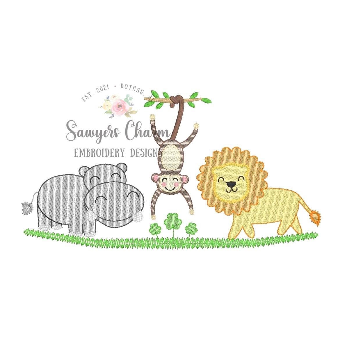 BUNDLE Zoo/jungle/safari animals and shamrocks with & without bows sketch stitch trio, machine embroidery design file, hippo, monkey, lion
