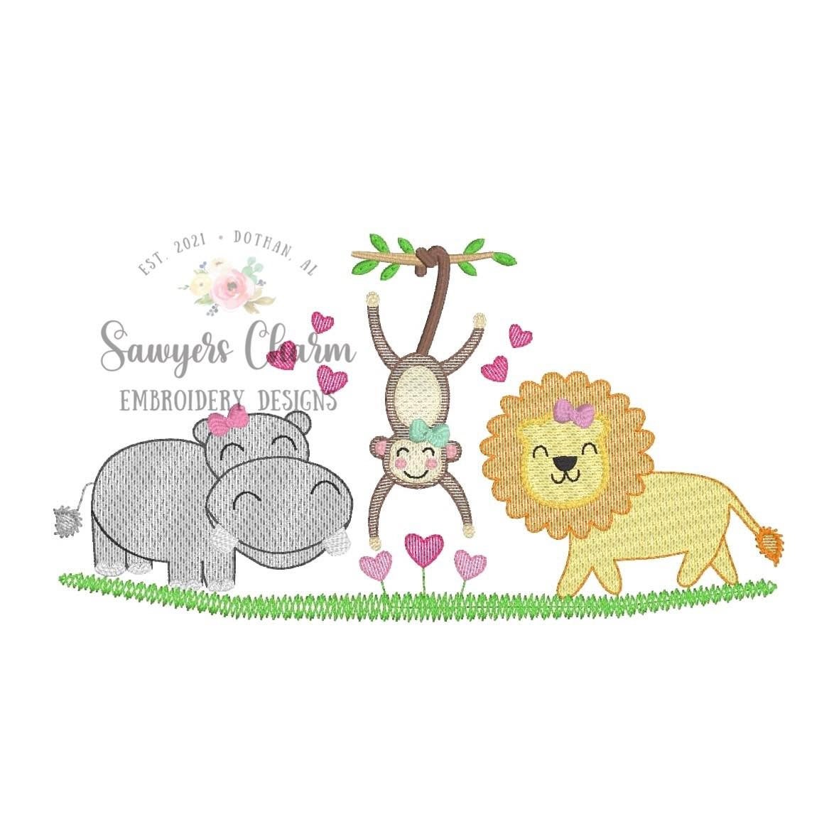 BUNDLE Zoo/jungle/safari animals and hearts with & without bows sketch stitch trio, machine embroidery design file, hippo, monkey, lion love