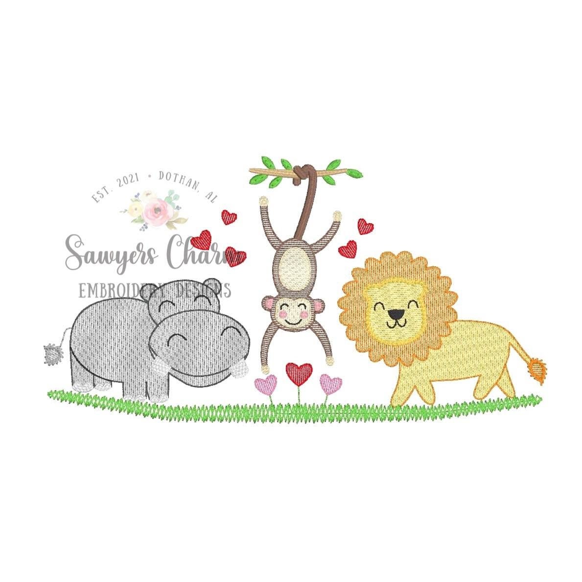 BUNDLE Zoo/jungle/safari animals and hearts with & without bows sketch stitch trio, machine embroidery design file, hippo, monkey, lion love