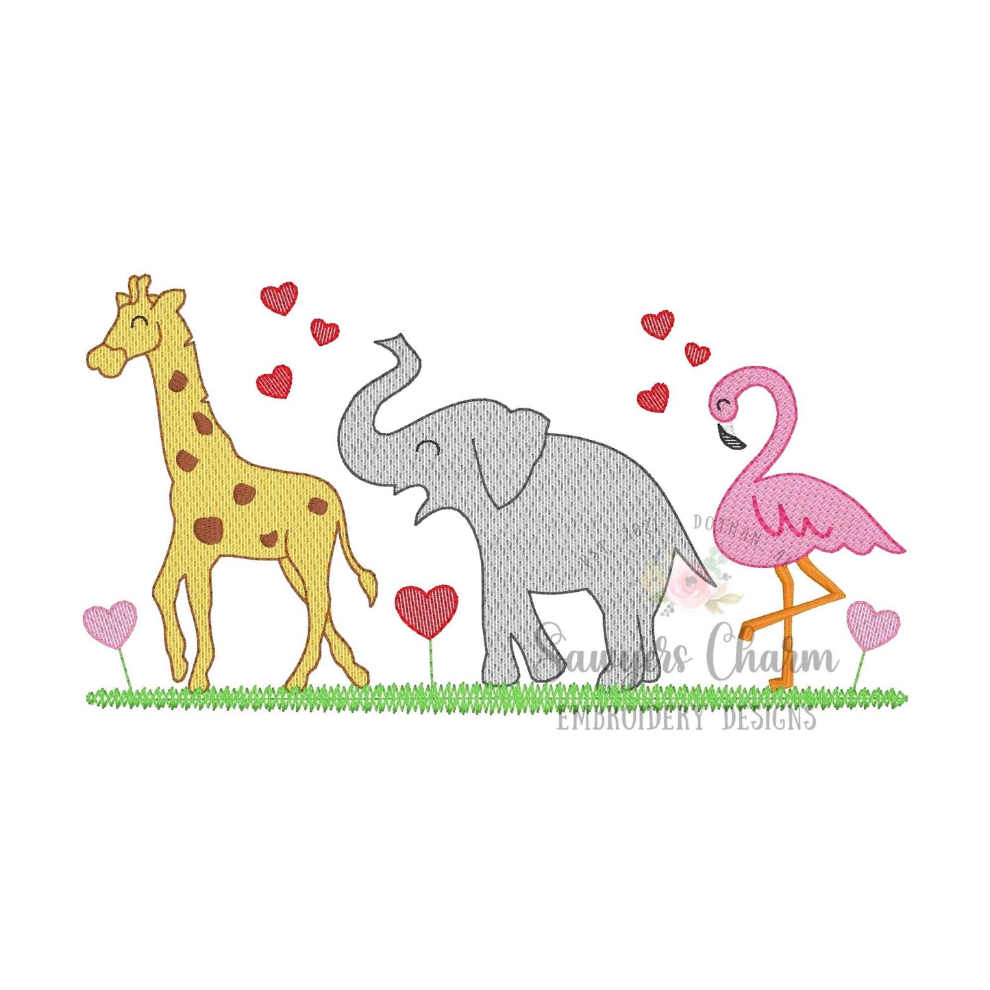 BUNDLE Zoo/jungle/safari animals and hearts with & without bows sketch stitch trio, machine embroidery design file giraffe/elephant/flamingo