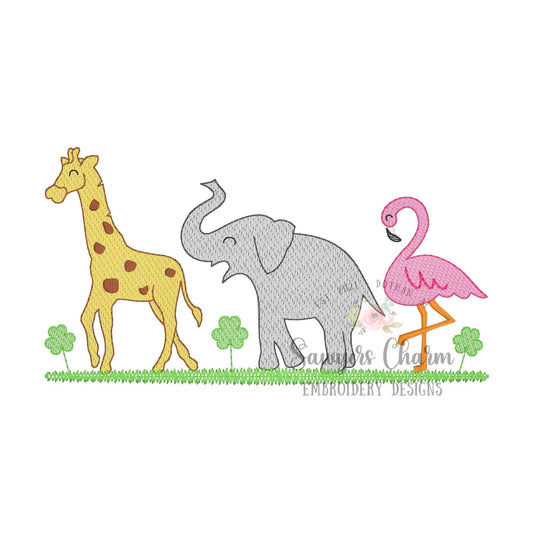 BUNDLE Zoo/jungle/safari animals and shamrocks with/without bows sketch stitch trio machine embroidery design file giraffe/elephant/flamingo
