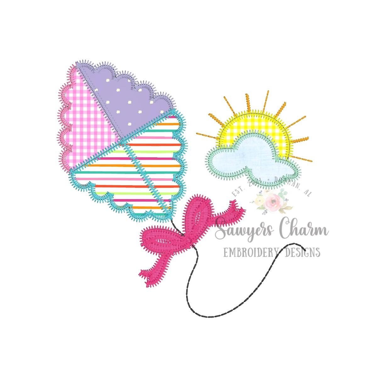 BUNDLE Scallop kite and bow with cloud and sunshine bean stitch/zig zag applique machine embroidery design file, quick stitch, summer spring