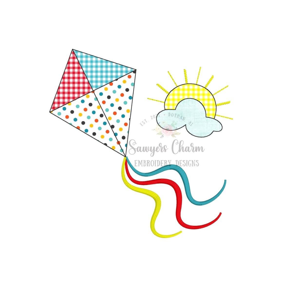 BUNDLE Kite with streamers with cloud and sunshine bean stitch/zig zag applique machine embroidery design file, quick stitch, summer spring