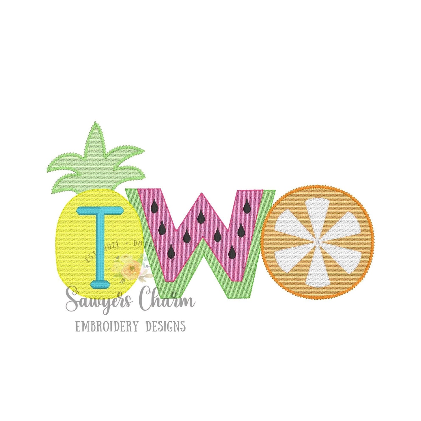 Two-tii fruity birthday pineapple, watermelon, citrus fruit summer sketch stitch, machine embroidery design file, party, quick stitch