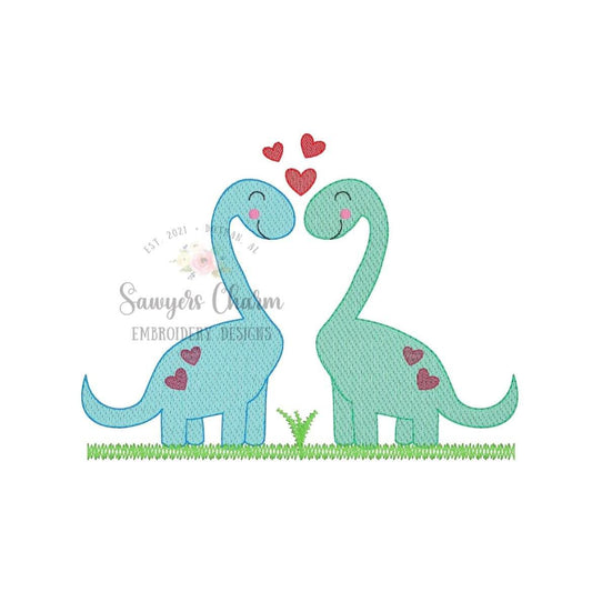 Pair of dinosaurs with hearts sketch stitch machine embroidery design file, love, zoo, quick stitch, bean stitch details, Valentine's Day