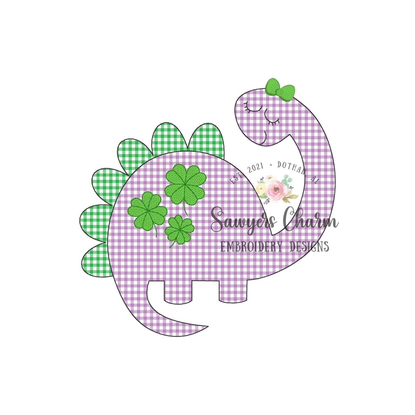 BUNDLE Girl dinosaur with bow & four leaf clover spots bean and zig zag stitch applique, machine embroidery design file, good luck charm