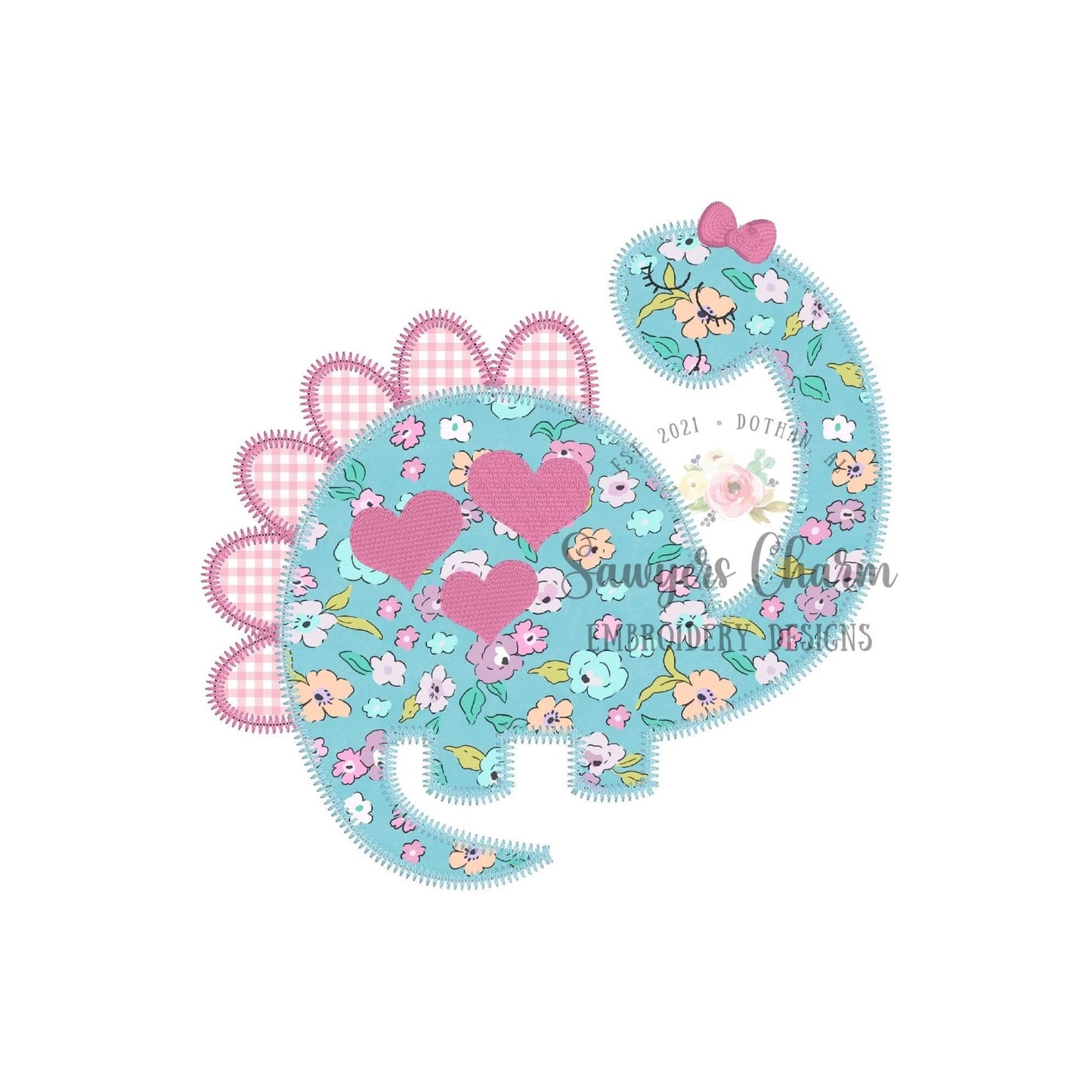 BUNDLE Girl dinosaur with bow & heart spots bean and zig zag stitch applique, machine embroidery design file, love, hugs/kisses, Valentine