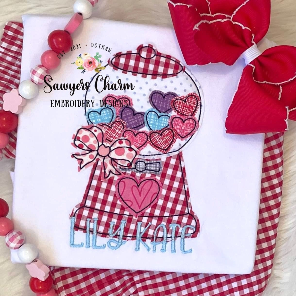 BUNDLE Heart gumball machine with bow zigzag & bean stitch machine applique embroidery design file, Valentine's Day, love, hugs and kisses