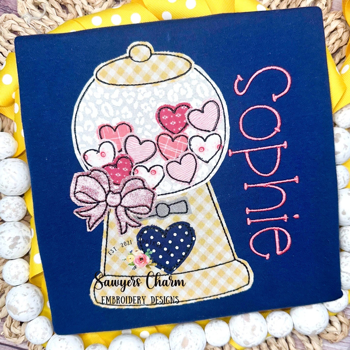 BUNDLE Heart gumball machine with bow zigzag & bean stitch machine applique embroidery design file, Valentine's Day, love, hugs and kisses