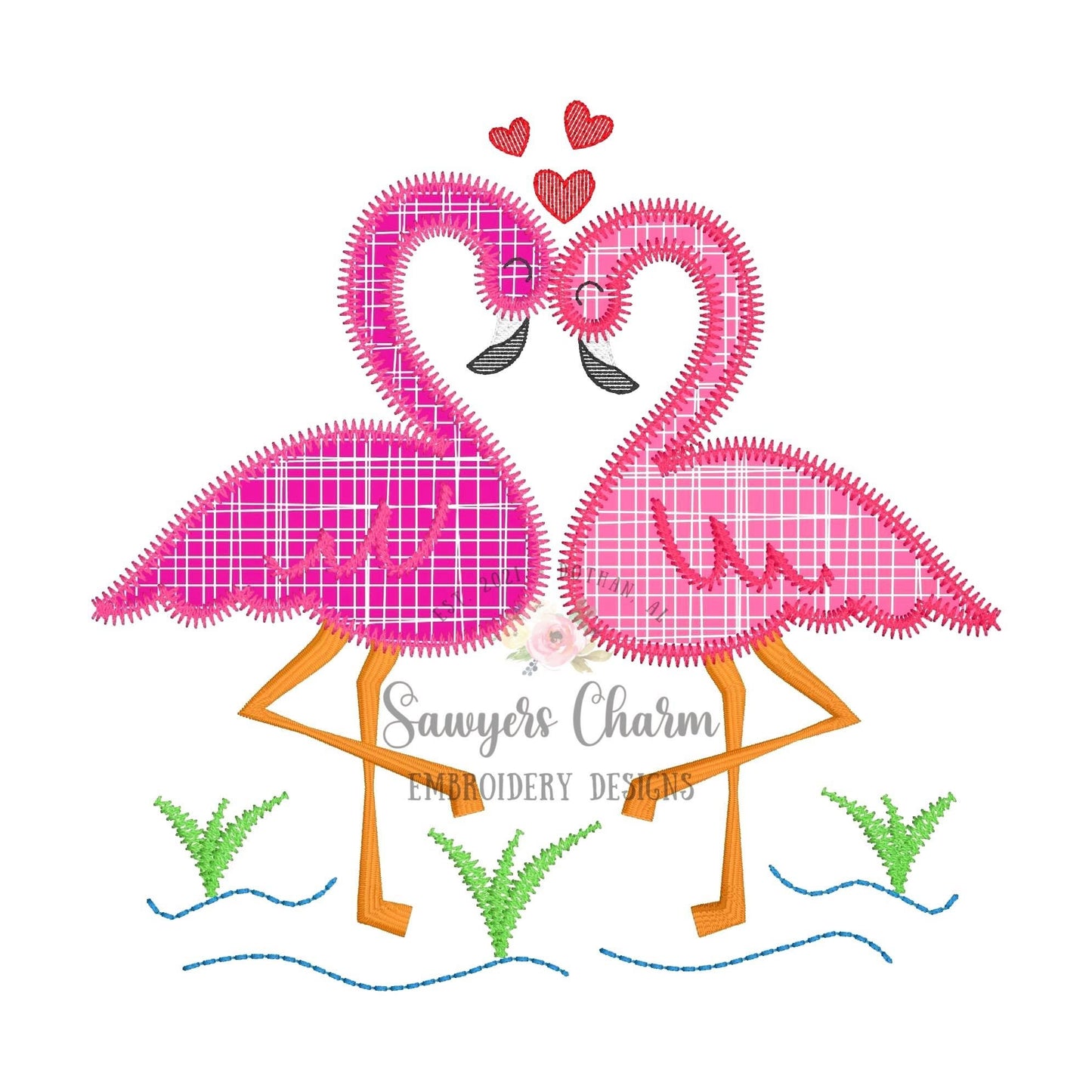 Pair of flamingos with hearts zig zag stitch machine applique, embroidery design file, love birds, water, zoo, quick stitch, xoxo, valentine