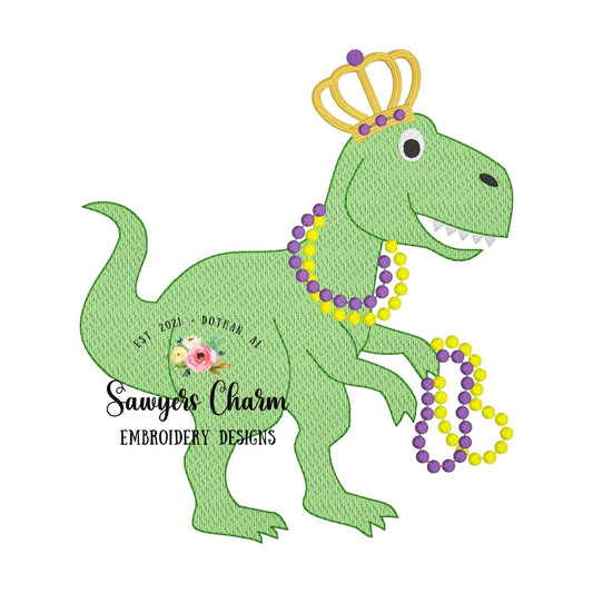 Mardi Gras T-Rex sketch stitch machine embroidery design, tyrannosaurus rex dinosaur with beads & crown