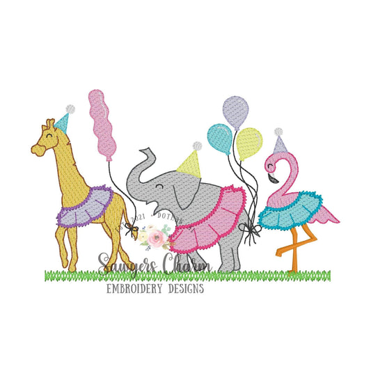Party Zoo/jungle/safari animals in tutus sketch stitch trio, machine embroidery design file, giraffe, elephant, flamingo, hats, balloons