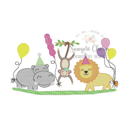 BUNDLE Zoo/jungle/safari animals with & without bows sketch stitch trio, machine embroidery design file, hippo, monkey on vine, lion