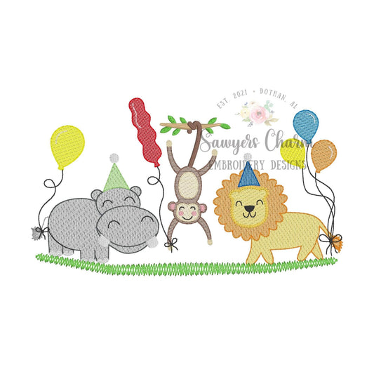 BUNDLE Zoo/jungle/safari animals with & without bows sketch stitch trio, machine embroidery design file, hippo, monkey on vine, lion