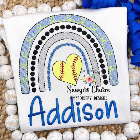 Baseball/softball rainbow, heart shaped ball, sketch stitch machine embroidery design file, boho, spring, summer, sports, bean stitch