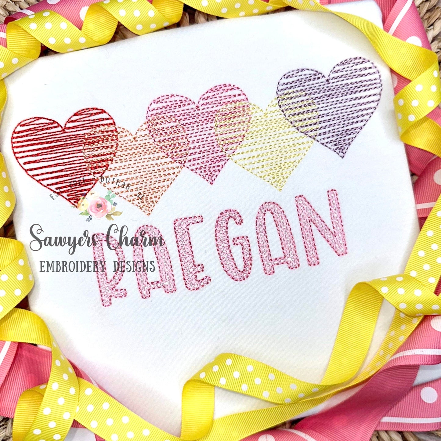 Overlapping squiggly hearts bean stitch machine embroidery design file, quick stitch, Valentine's Day, love, hugs and kisses, scribble