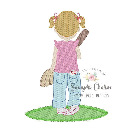 Little girl with pigtails, bows, baseball, bat, glove, sketch stitch machine embroidery design file, quick stitch, spring summer, outdoors