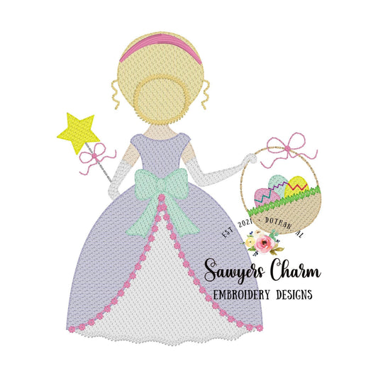 Easter princess sketch stitch machine embroidery design file, quick stitch, Easter egg basket, bows, magic wand, egg hunt, spring