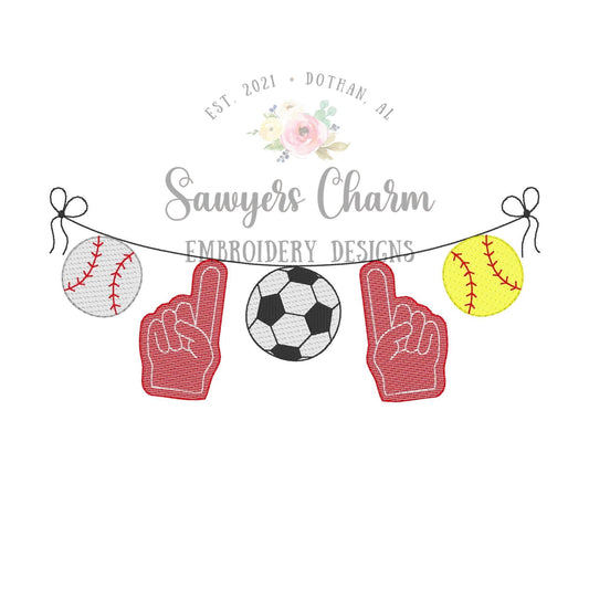 BUNDLE Sports balls with foam finger bunting banner sketch stitch machine embroidery design file, baseball, soccer, softball, fans, team