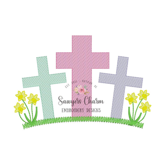 BUNDLE Cross trio with & without daffodils, grass, sketch stitch machine embroidery design file, quick stitch, Easter, He is risen, spring