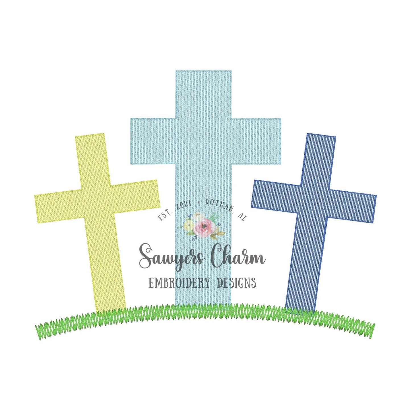 BUNDLE Cross trio with & without daffodils, grass, sketch stitch machine embroidery design file, quick stitch, Easter, He is risen, spring