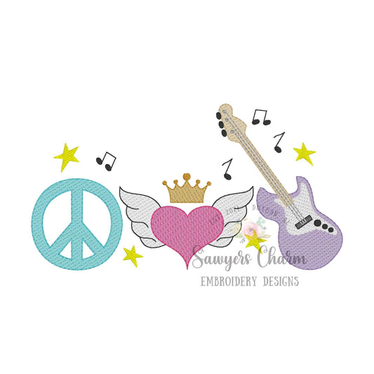 BUNDLE Peace, heart with wings & crown, electric guiart trio sketch stitch machine embroidery design, with/without stars and music notes