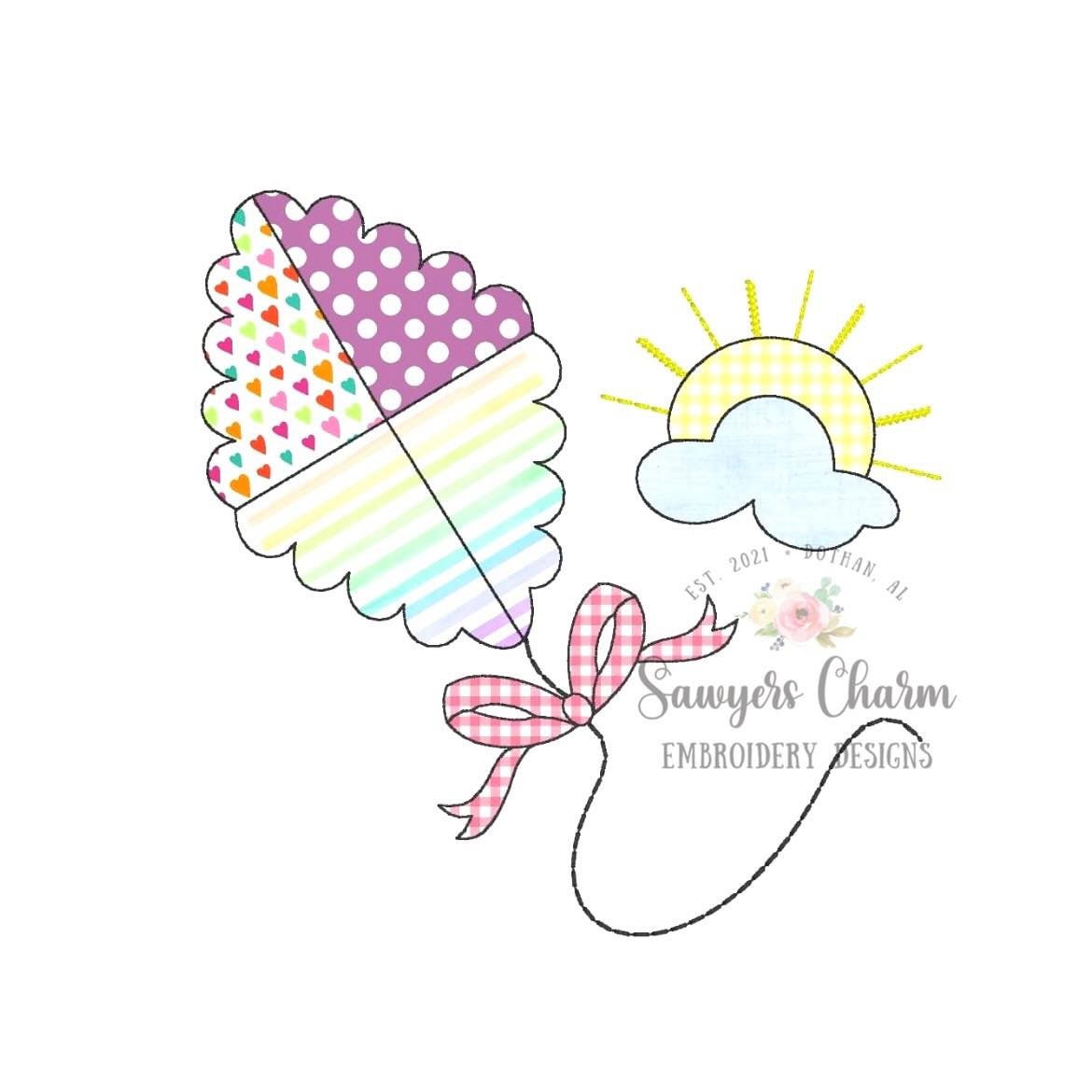BUNDLE Scallop kite and bow with cloud and sunshine bean stitch/zig zag applique machine embroidery design file, quick stitch, summer spring