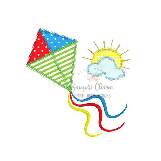 BUNDLE Kite with streamers with cloud and sunshine bean stitch/zig zag applique machine embroidery design file, quick stitch, summer spring
