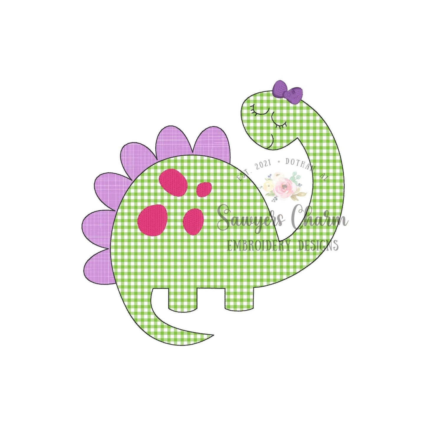 BUNDLE Girl dinosaur with bow & spots bean and zig zag stitch applique, machine embroidery design file, quick stitch, rawr, long neck spikes