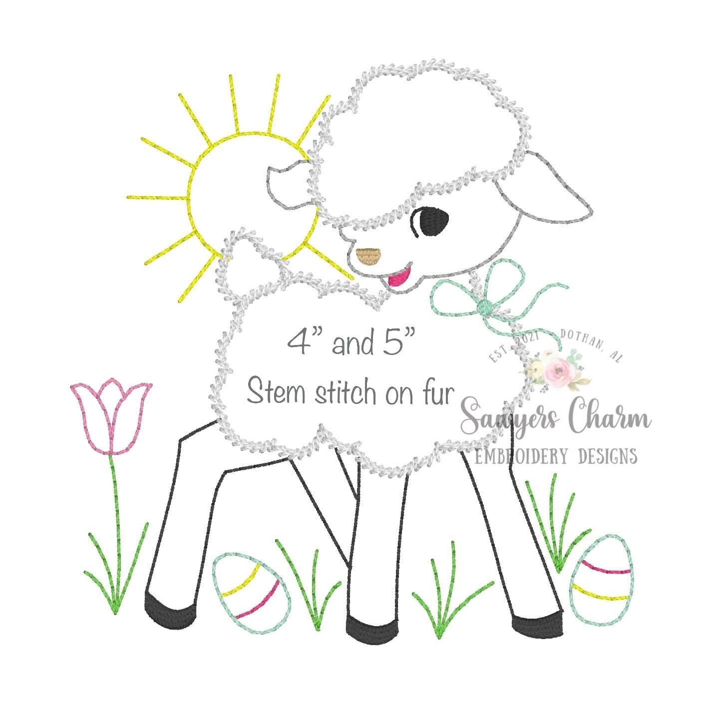 Vintage lamb with bow bean stitch machine embroidery design file, quick stitch, Easter, He is risen, spring, eggs, grass, sunshine, flowers