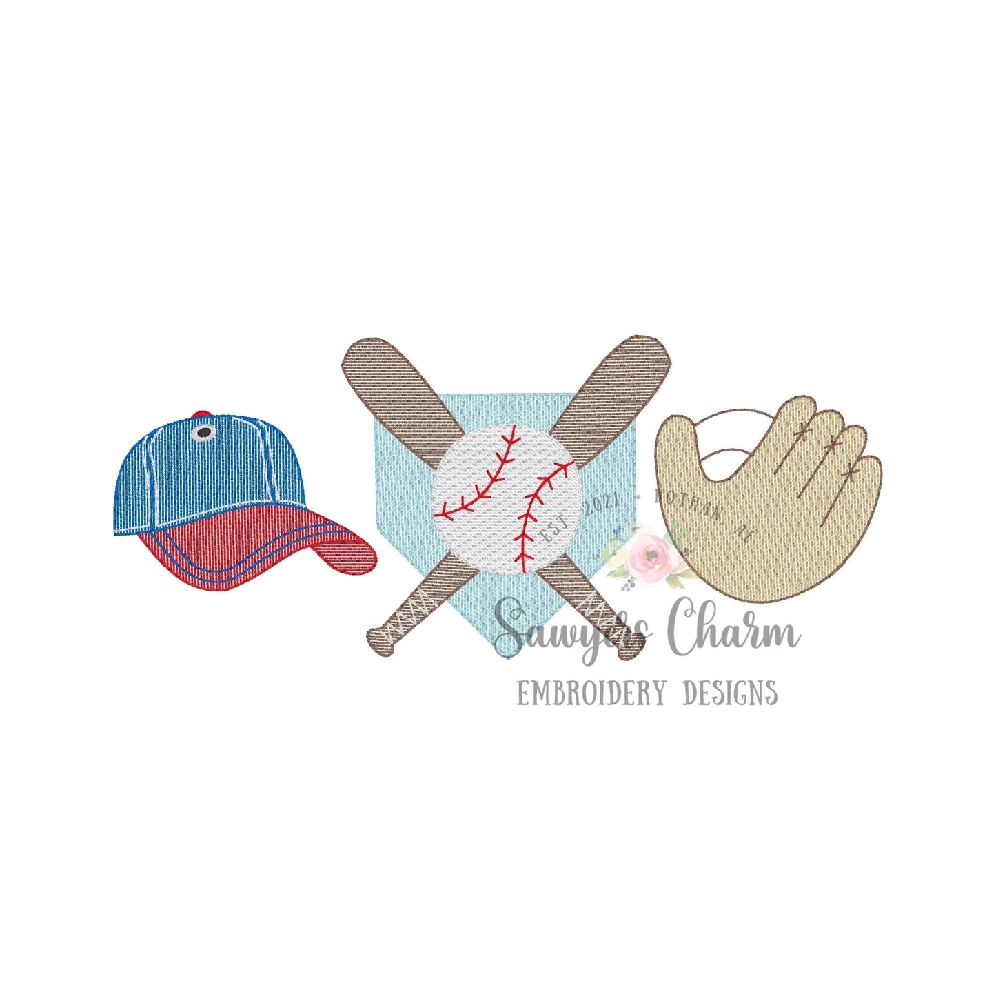 Ball cap/hat, Baseball bats home plate, glove sketch stitch trio, machine embroidery design file, ballgame sports outfield, quick stitch