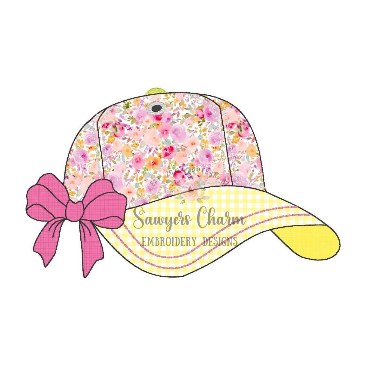 BUNDLE Ball cap/hat with bow bean & zig zag stitch machine embroidery applique design file, ballgame, sports, quick stitch, little girl