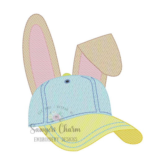 Easter bunny ears Ball cap/hat sketch stitch machine embroidery design file, quick stitch, little boy, spring, outdoors, peter cottontail