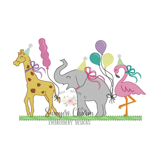 BUNDLE Party Zoo/jungle/safari animals with & without bows sketch stitch trio, machine embroidery design file, giraffe, elephant, flamingo