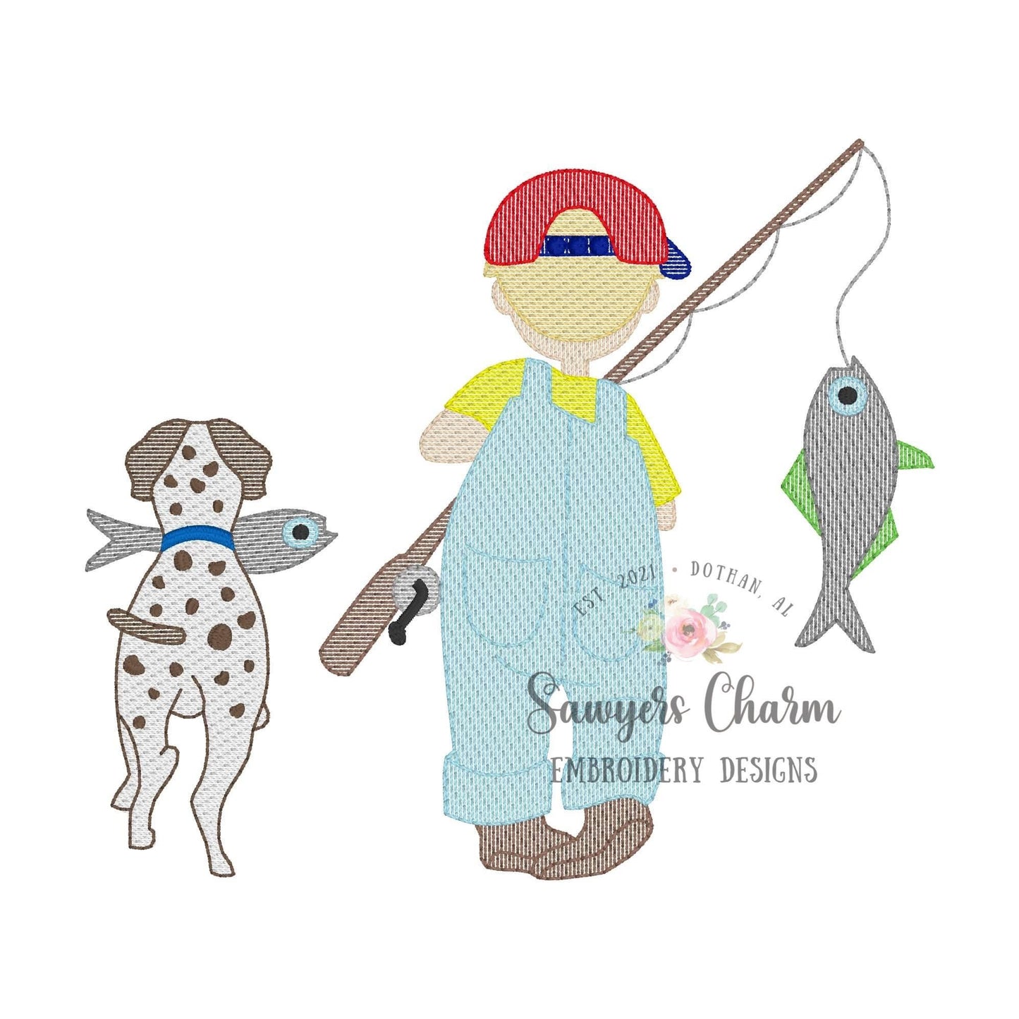 Little boy fishing with pointer spotted dog sketch stitch machine embroidery design file, fishing pole, spring summer, fish, hat, outdoors