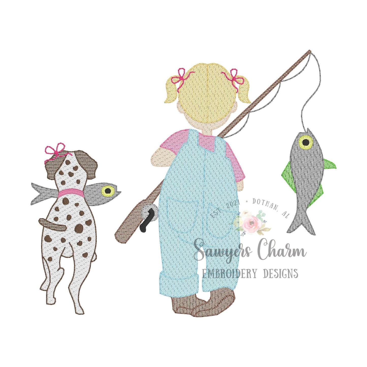 Little girl fishing with pointer spotted dog sketch stitch machine embroidery design file, fishing pole, spring summer, with pigtails & buns