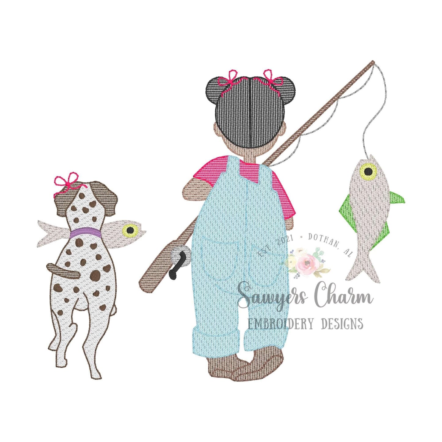 Little girl fishing with pointer spotted dog sketch stitch machine embroidery design file, fishing pole, spring summer, with pigtails & buns