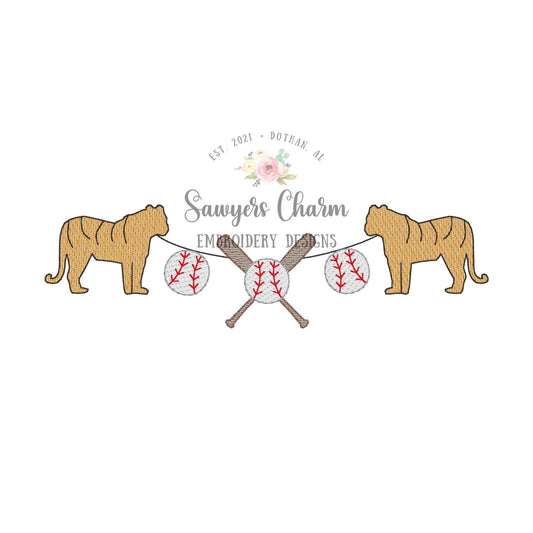 BUNDLE Tiger mascot baseball & bats bunting banner with and without bows sketch stitch embroidery design file, college university, softball
