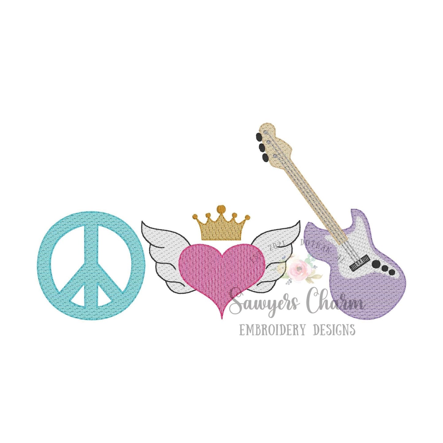 BUNDLE Peace, heart with wings & crown, electric guiart trio sketch stitch machine embroidery design, with/without stars and music notes