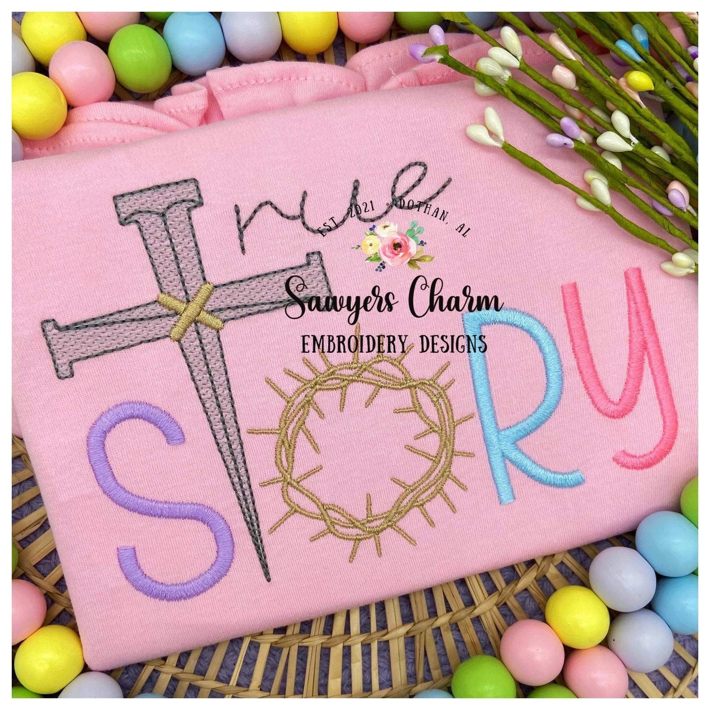 TRUE STORY Crown of thorns, cross & nails sketch stitch machine embroidery design file, satin stitch letters, Easter resurrection, Jesus